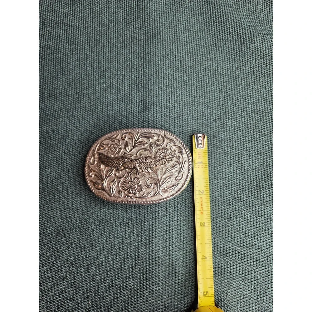 Vintage Silver-Tone Oval Belt Buckle Flying Eagle Filigree Rope Edge Western